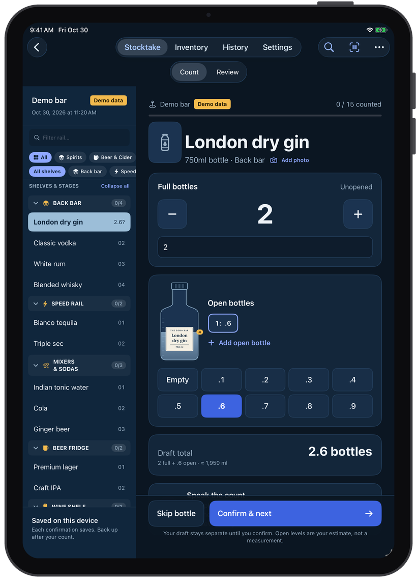 Bar Stocktake app interface