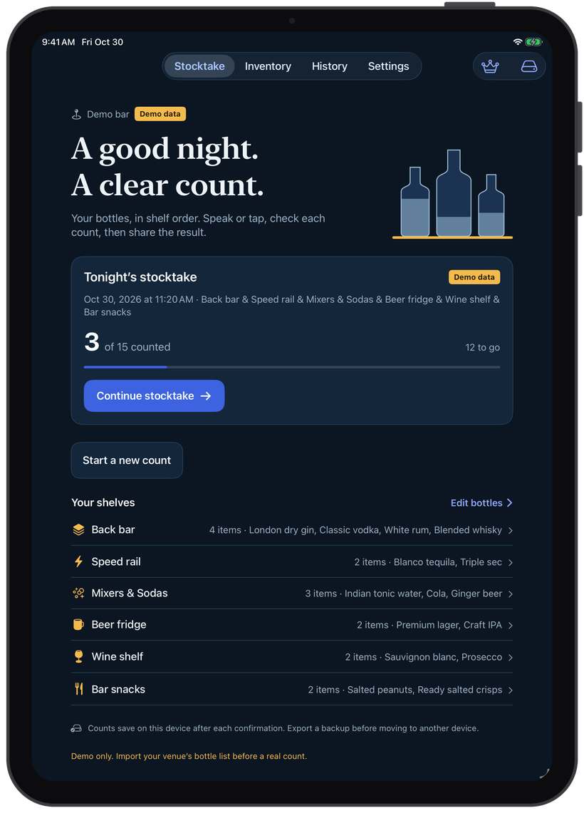 Bar Stocktake: Voice Bar Inventory: Count your bar shelf by shelf, by voice or by touch, and share a clean CSV when you're done.