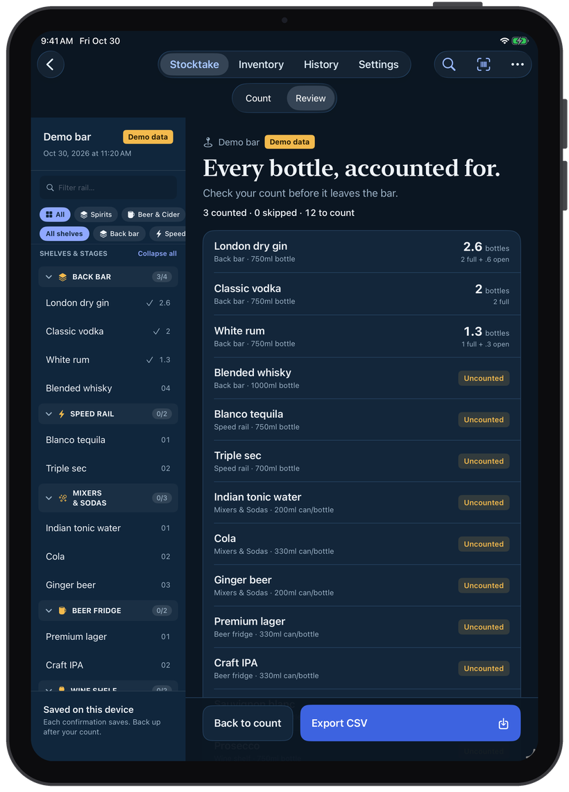 Bar Stocktake on iPad reviewing a count: each bottle in shelf order with its total, and the bottles still to count marked Uncounted