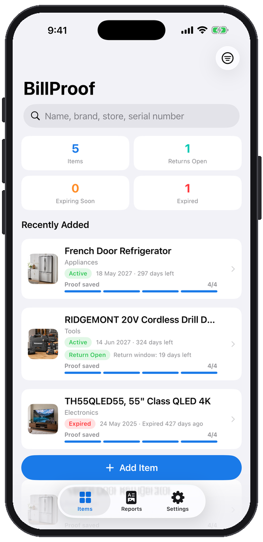 BillProof app interface