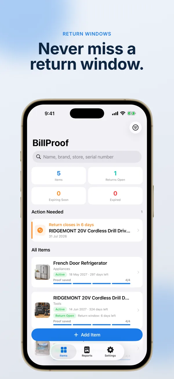 BillProof dashboard showing an upcoming return deadline